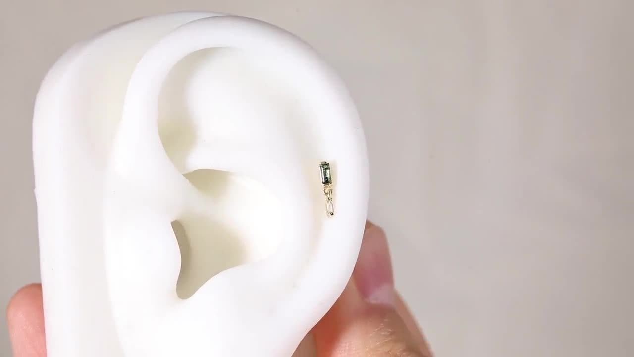 14Kソリッドゴールドモスアゲートダングルピアス、ホワイトトパーズ