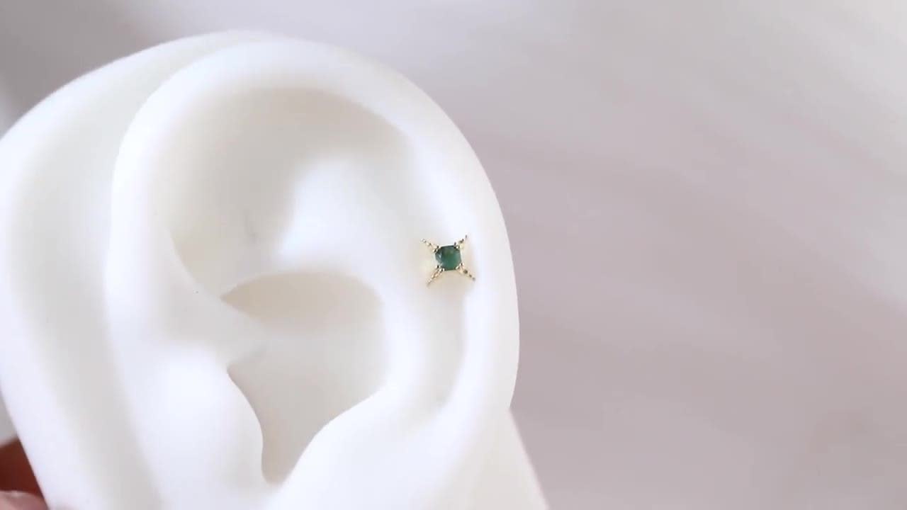 14Kソリッドゴールドモスアゲートスターフラットバックピアス