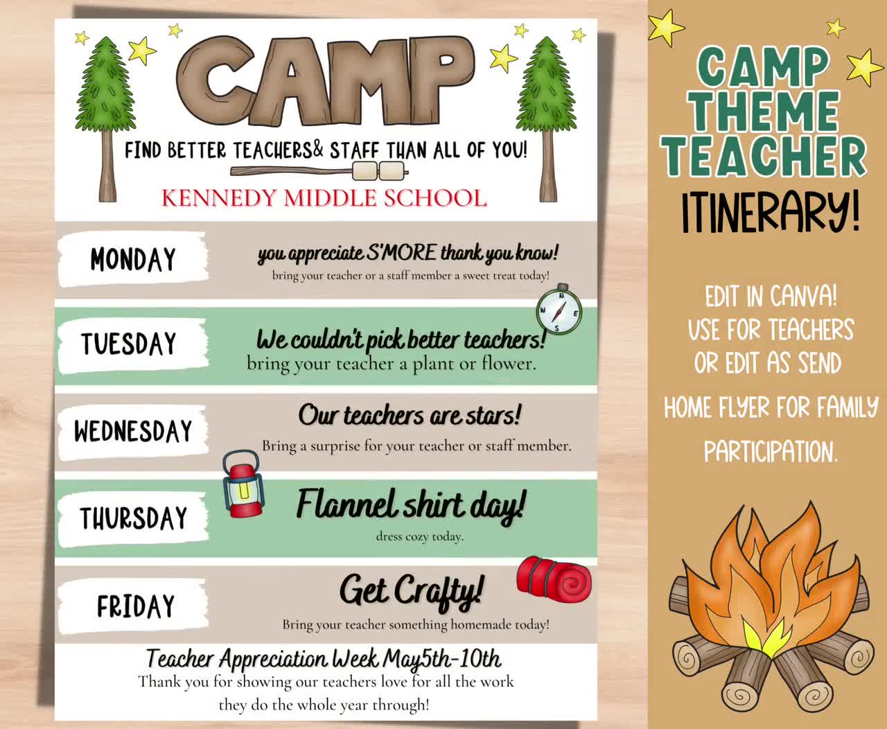 Camp Theme Weekly Itinerary for Teacher Appreciation Week. picture