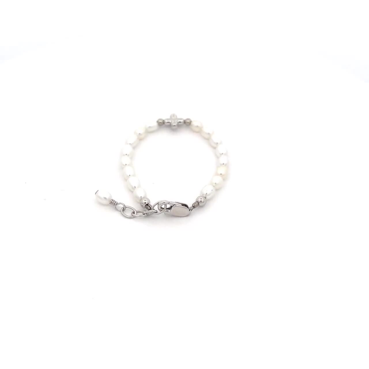 Regalo di battesimo per bambine, braccialetto con croce per la prima comunione in argento sterling con perle, battesimo per neonati, dedica, regalo per la prima comunione. - Italia