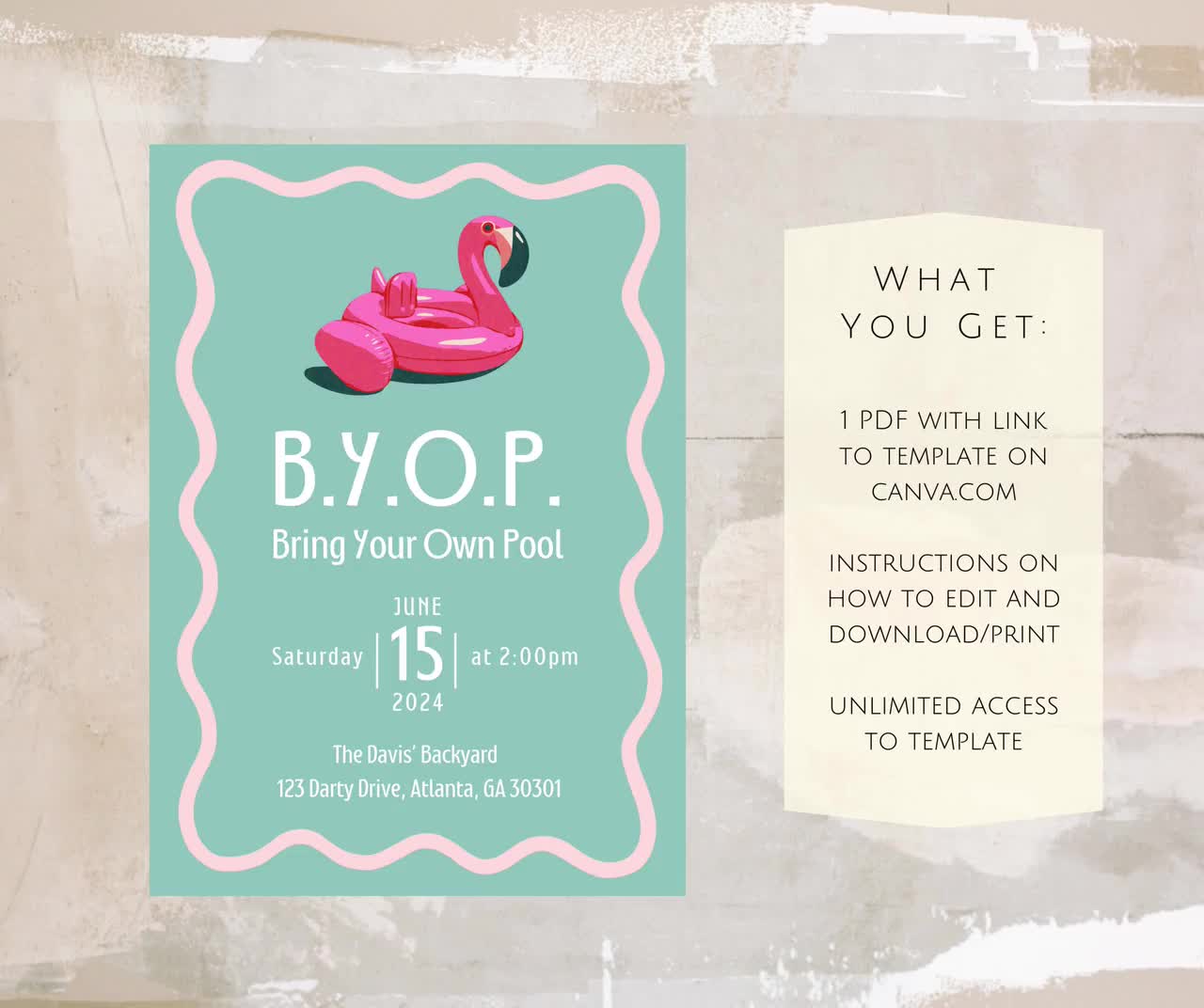 Teal Bring Your Own Pool Party Invitation Template Digital Summer Party  Invite Pink Flamingo Party Backyard Darty Pool Float Party