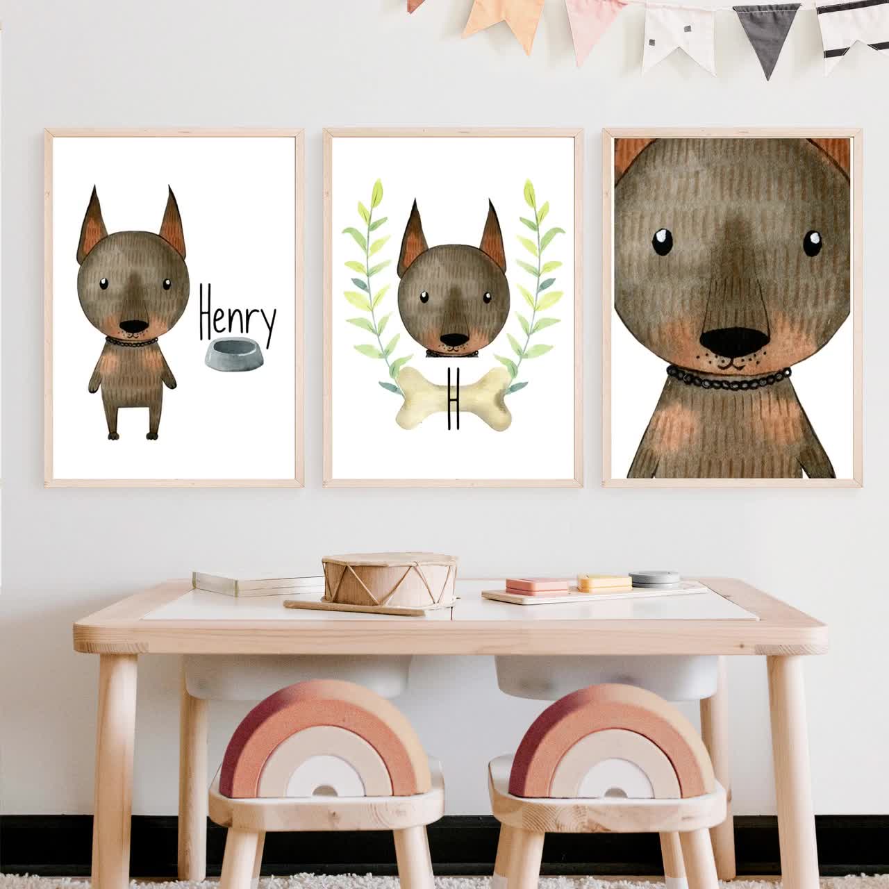 Personalized Doberman Pinscher wall art set of 3 prints, kids dog wall art  prints with name, baby name sign, dog nursery decor
