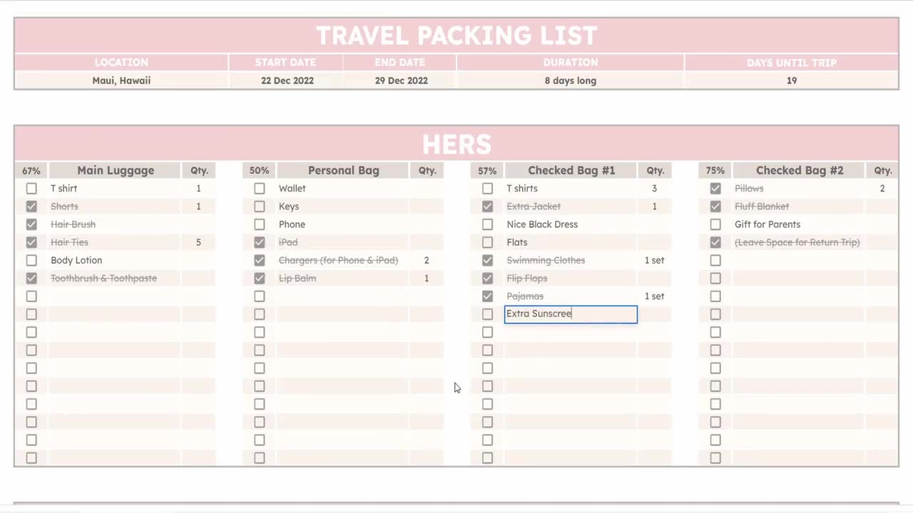 旅行の持ち物リスト | Google スプレッドシート テンプレート | 編集可能な休暇プランナー |  クルーズ、休暇、結婚式、大学、家族旅行のチェックリスト