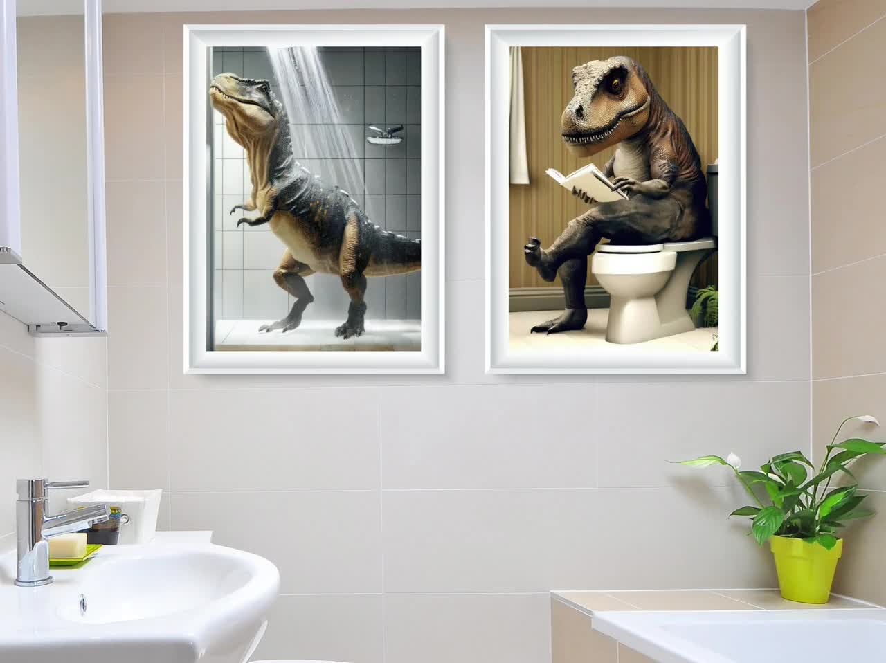 T-Rex Dinosaur Kids Bathroom Art, Dino Shower Poster, T Rex Toilet Print, Quirky Printable Home Decor, Dinosaur Themed Room, INSTANT ACCESS