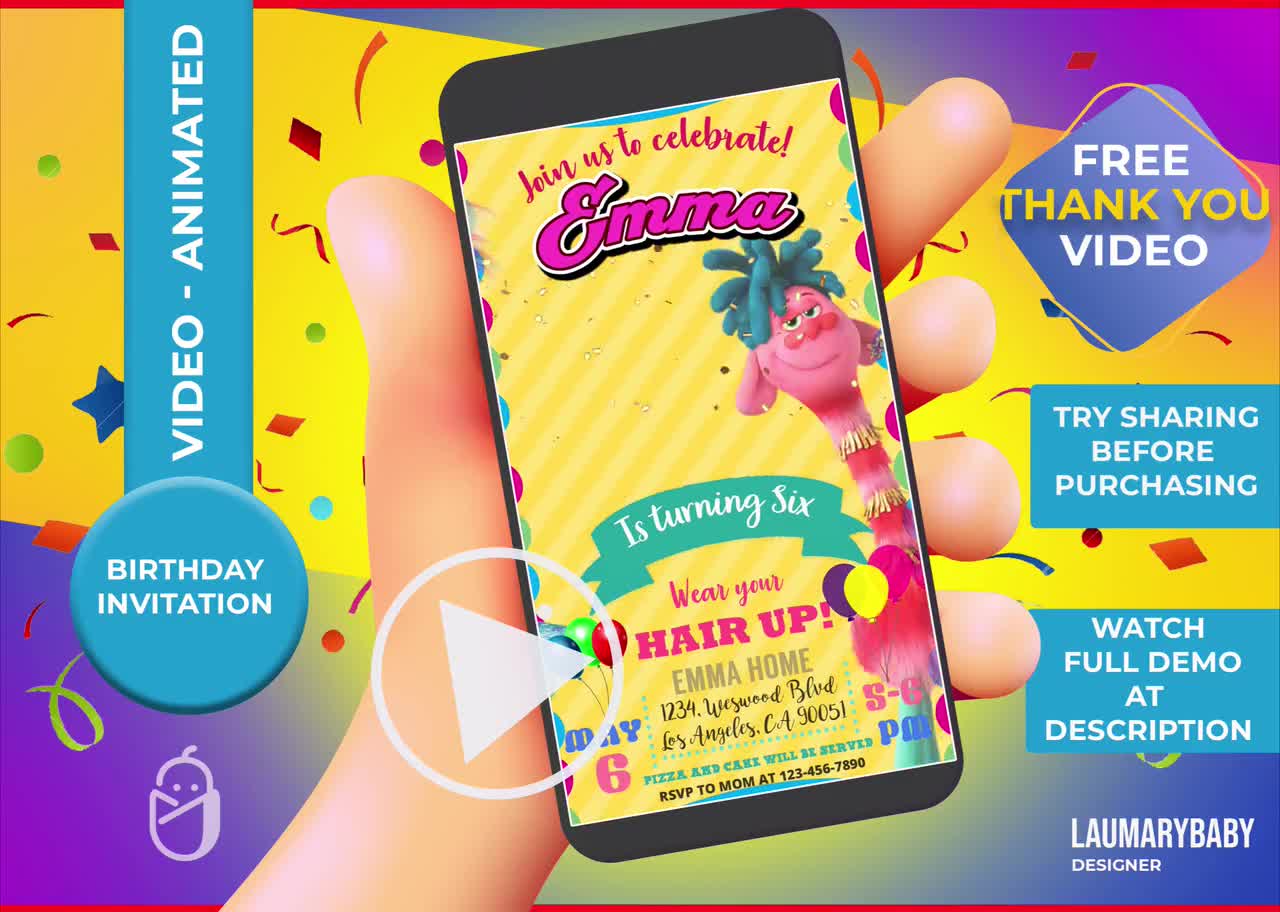 TROLLS BIRTHDAY INVITATION, Video Invitation, Animated, Thank You Video Free  Included - Etsy