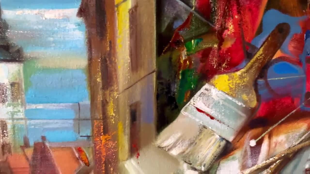 油絵抽象オリジナル、油絵、明るい筆使いと多くの画材を使った創造的な