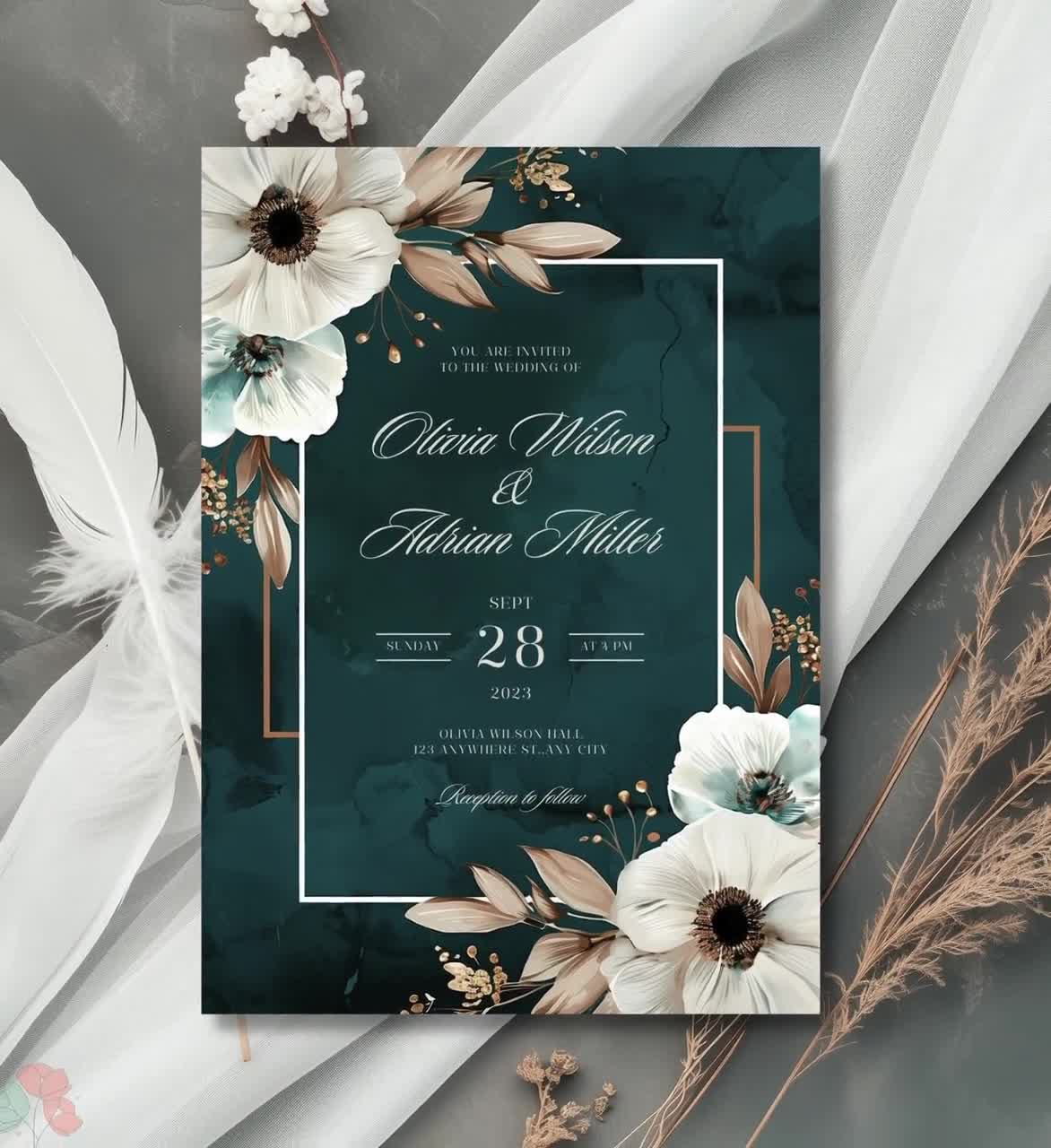 The JAYLA . Invitation Set . Gold Black White Poppy outlets Eucalyptus Rose Garland Anemone Fern Magnolia Calligraphy Tropical Miami Beach Key West