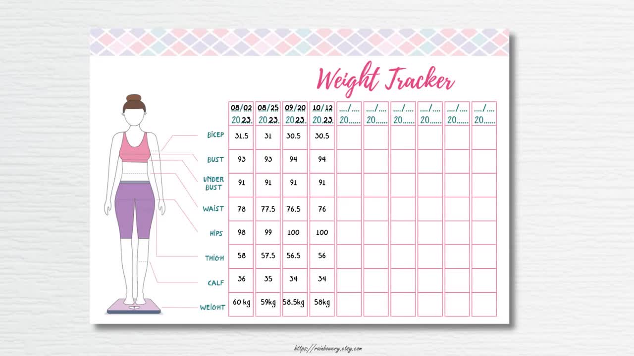 Body Measurement Chart: Body Measurement Tracker, Log book, Journal,  Planner, Weekly Weight Loss Chart For Girls & Women , Page 120, Size  8.5X11