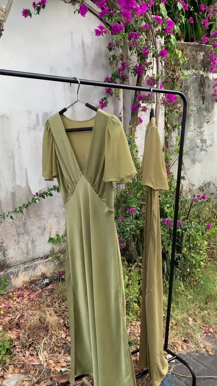 mustard green color dress Mustard Green Olivia Vintage Silk Midi Dress | Natural Dyed Mulberry Silk  Dress | Luxury Cape Sleeve Silk Midi Dress | Eco-friendly Dress