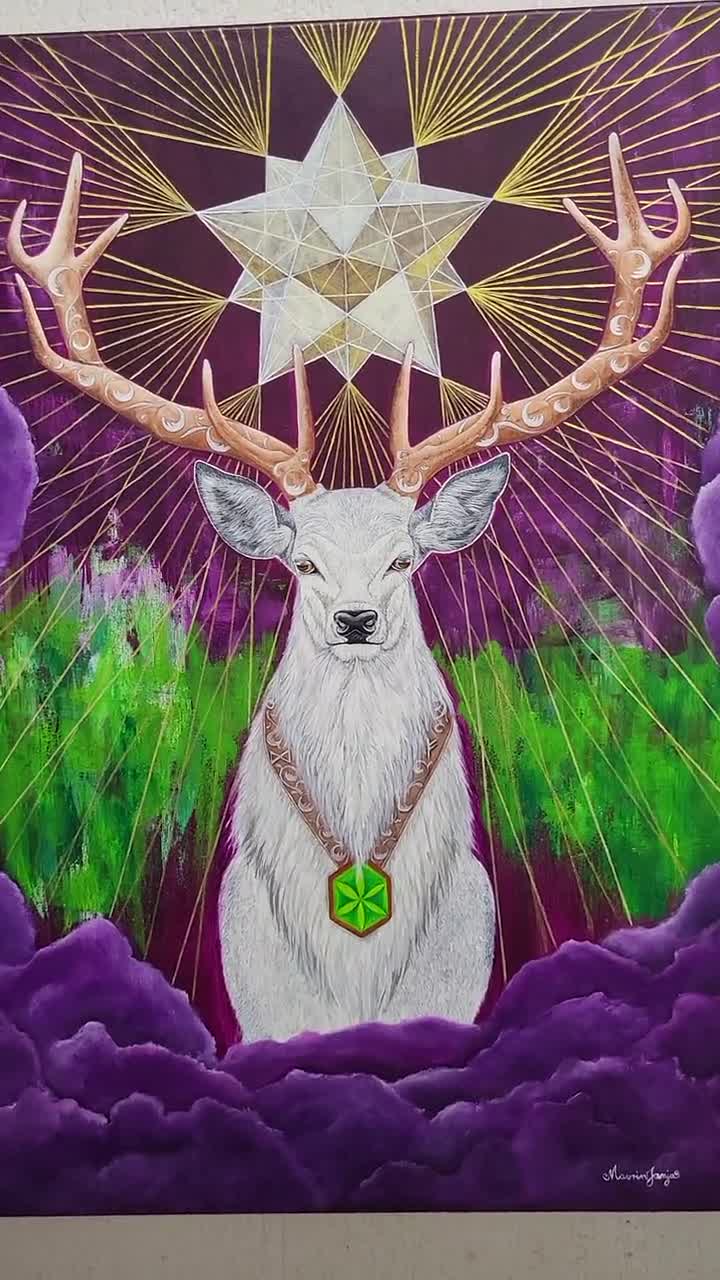 Original Painting. online Deer Totem Moon. Autumnal Magic.12x16inches. Acrylic on Canvas. Deer art. Spirit guides. Animal totems. Whitetail deer.