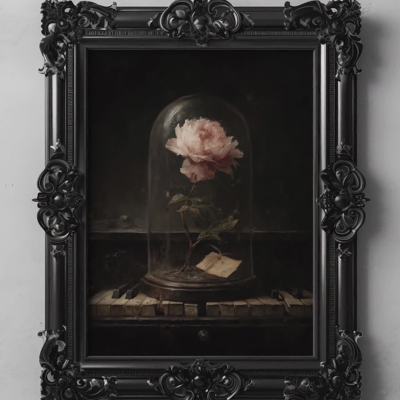 Pink Peony Flower Dark Romantic Wall Art, Dark Botanical Vintage