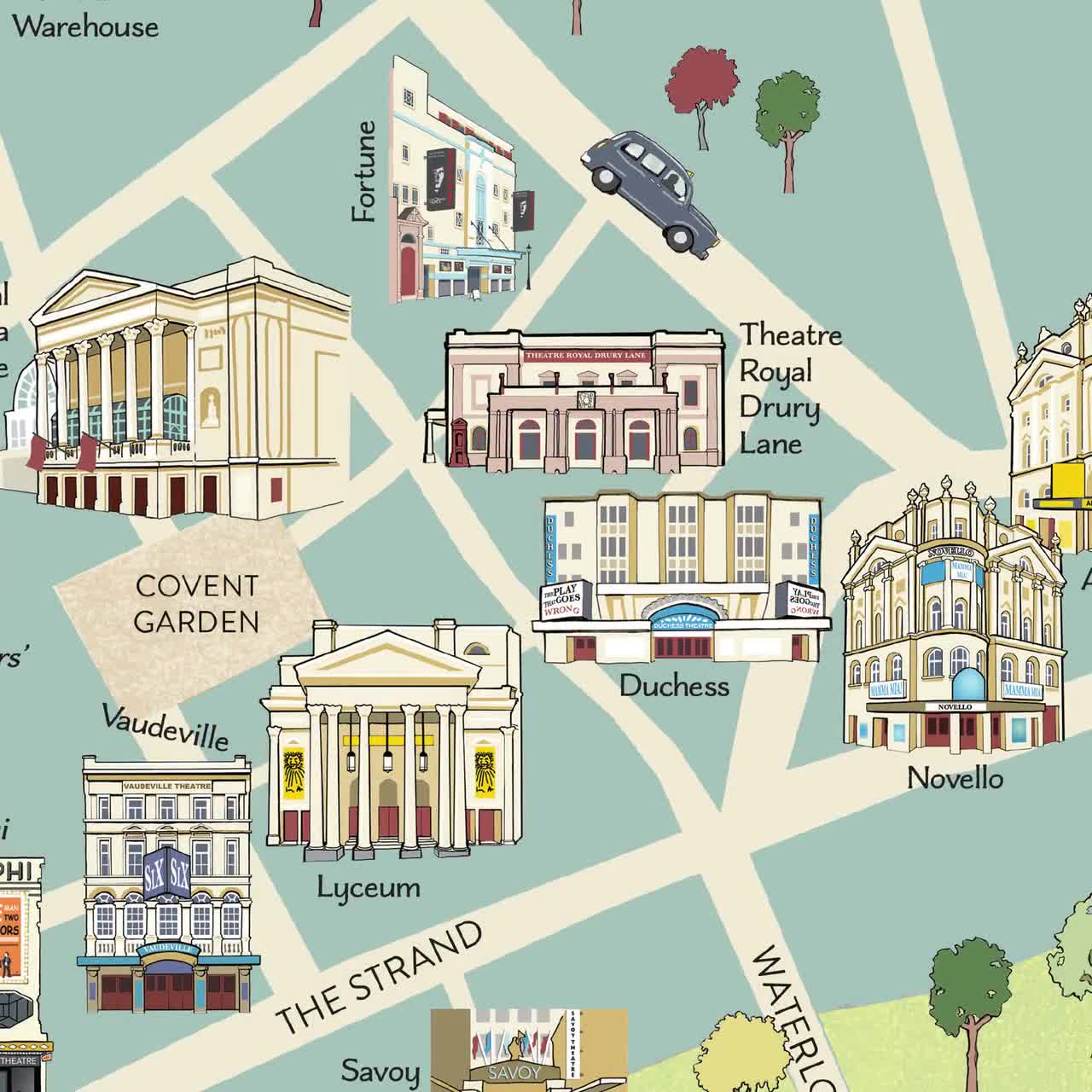 West End Theatres, Illustrated Map, London, Showing More Than 40