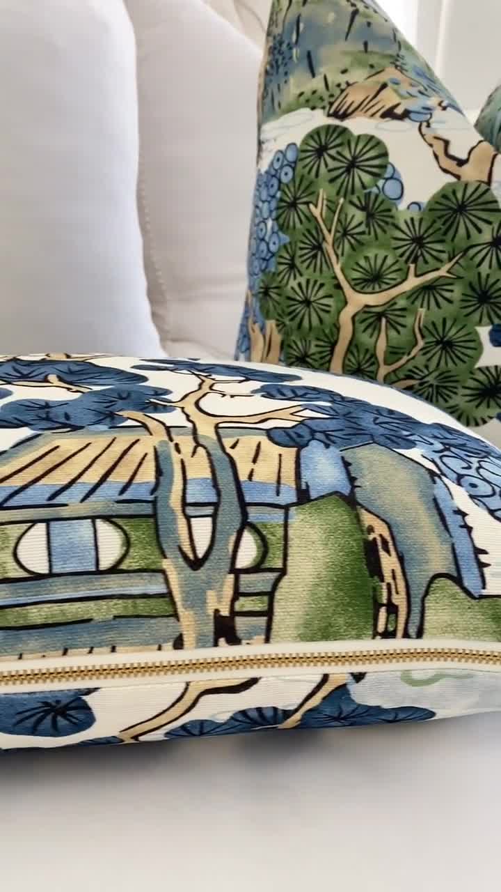 Chinoiserie Asian Scenic Thibaut Throw Pillow in Blue and Green