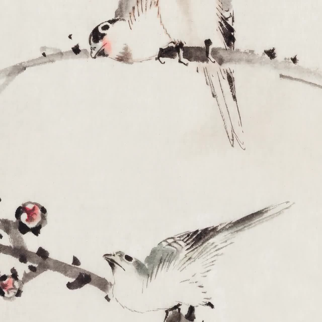Three Birds Perched on Branches Japanese Fine Art Print | Home
