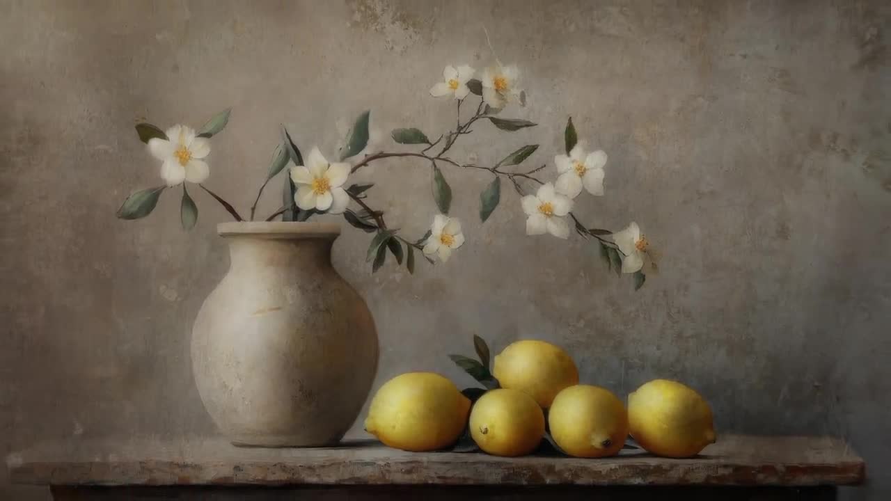 ヴィンテージレモンの静物画：素朴な花瓶の絵画（デジタルダウンロード