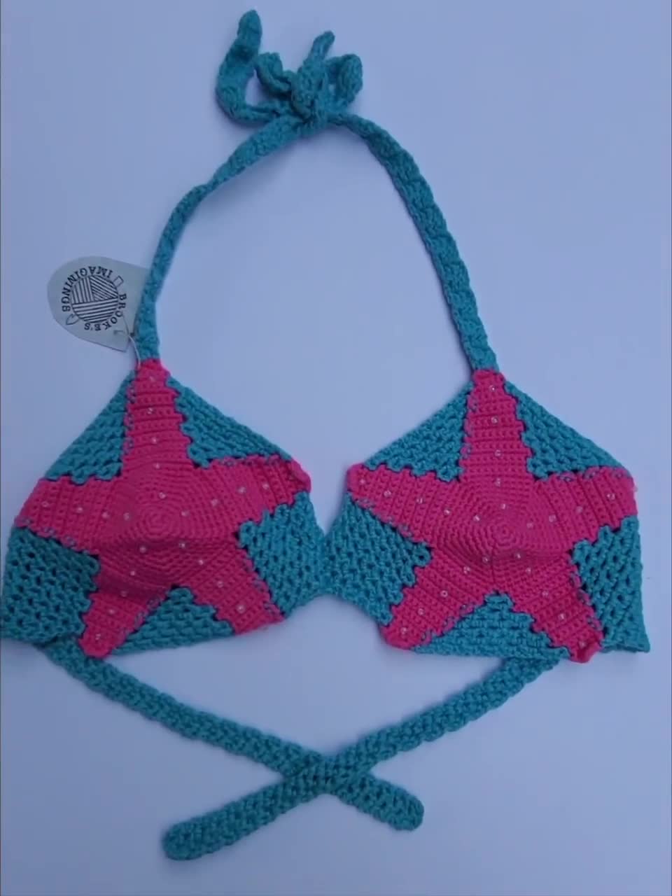 Starfish Mermaid Bikini Top, Crochet Cotton Swimwear, Unique Crop Top