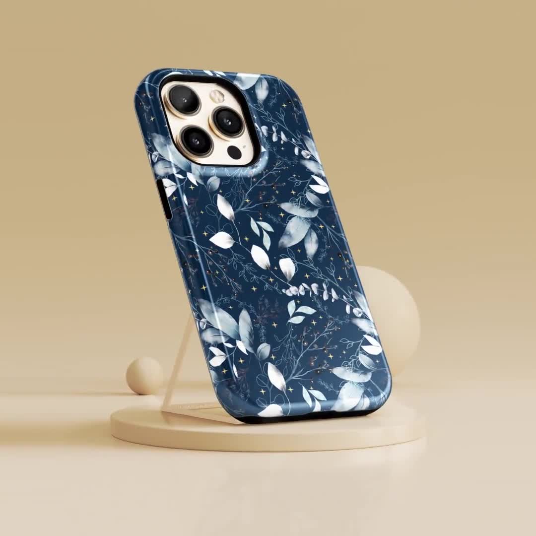 ウィンタースターネイビーフローラルiPhone 13 12 11 Proケースブルー