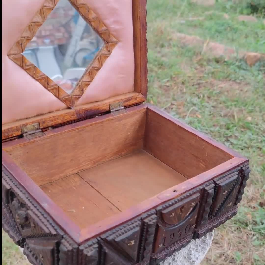 Tramp Art Box Antique Carved Wood, Vintage Memory Box