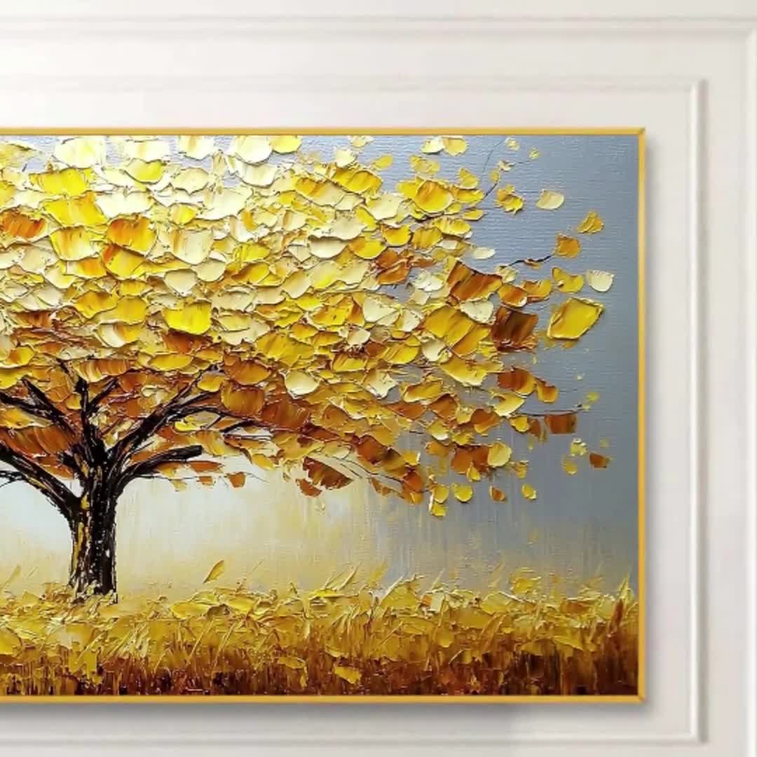 オリジナルのゴールデンツリーキャンバス油絵、抽象的なゴールド