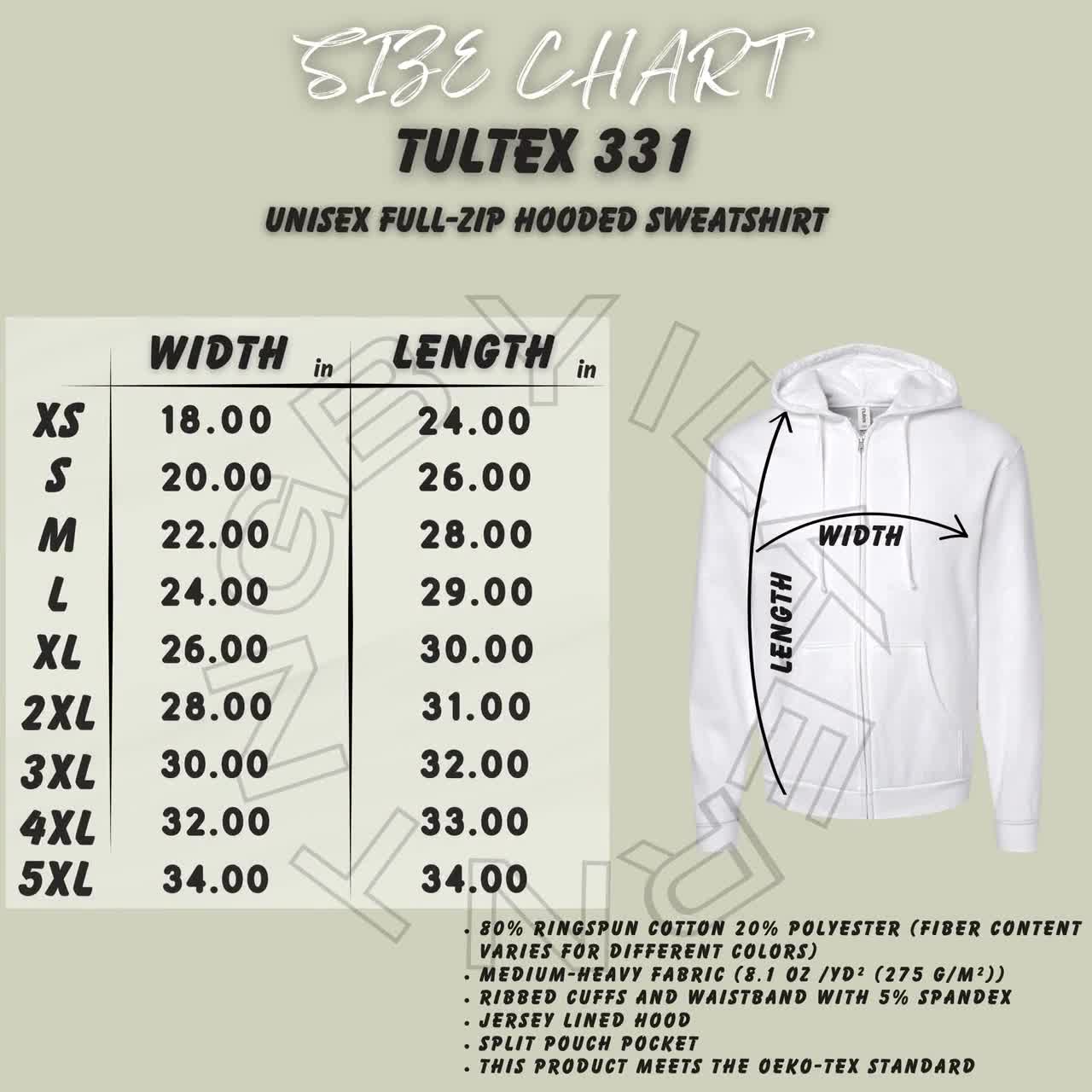 Tultex 331 Size Chart | Size Chart for Unisex Full-zip Hooded