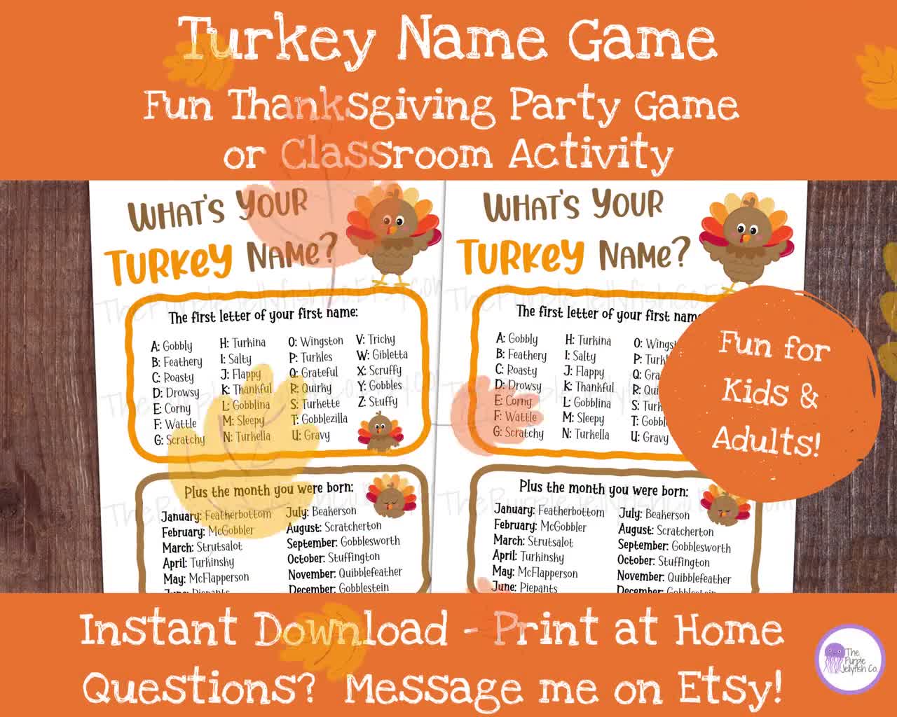 What's Your Turkey Name Game, 1 Turkey Theme Sign and 30 Name Tag Stickers,  Thanksgiving Games and Activities, Birthday Game for Boys Girls and Adult