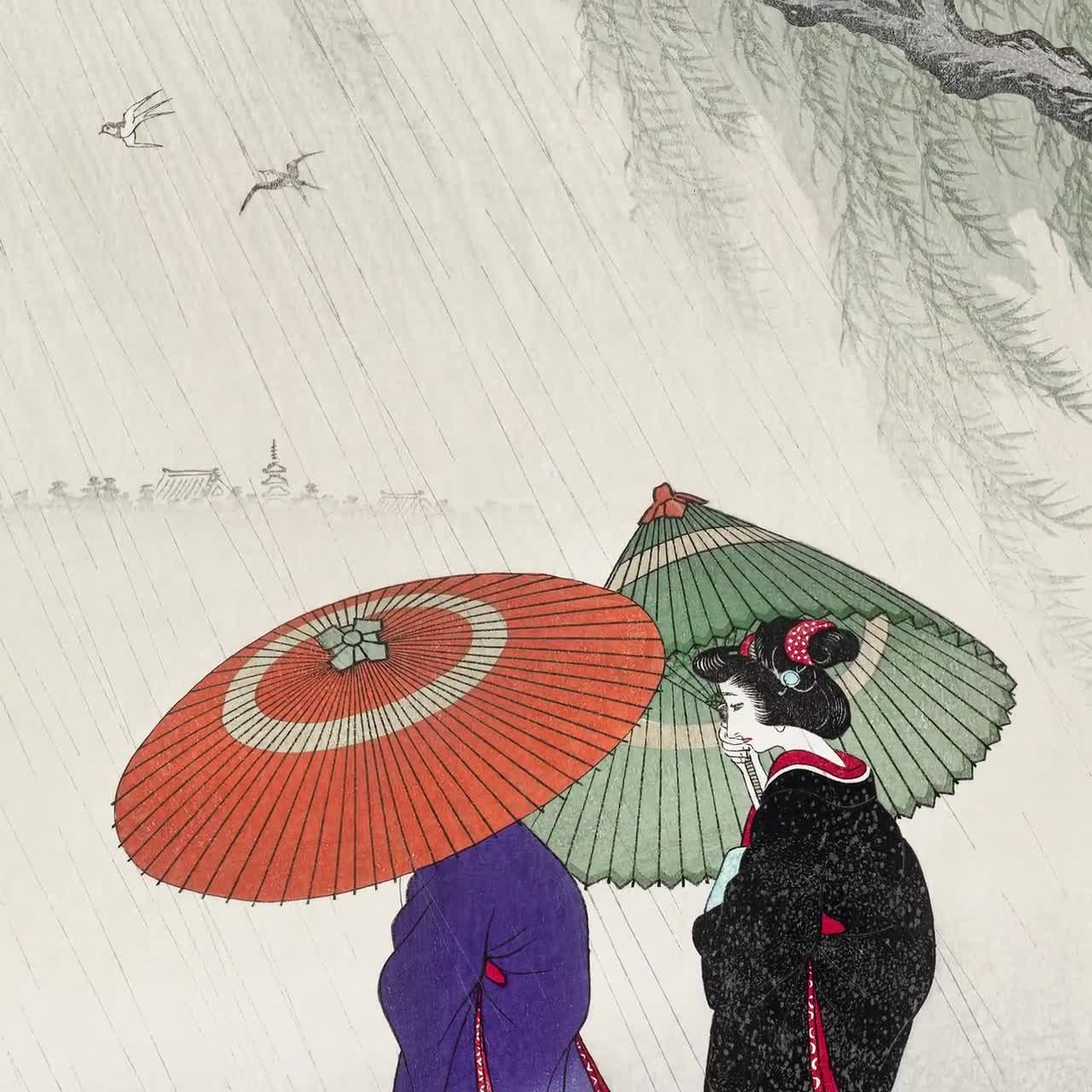 Two Women in the Rain Japanese Fine Art Print | Home Decor Wall
