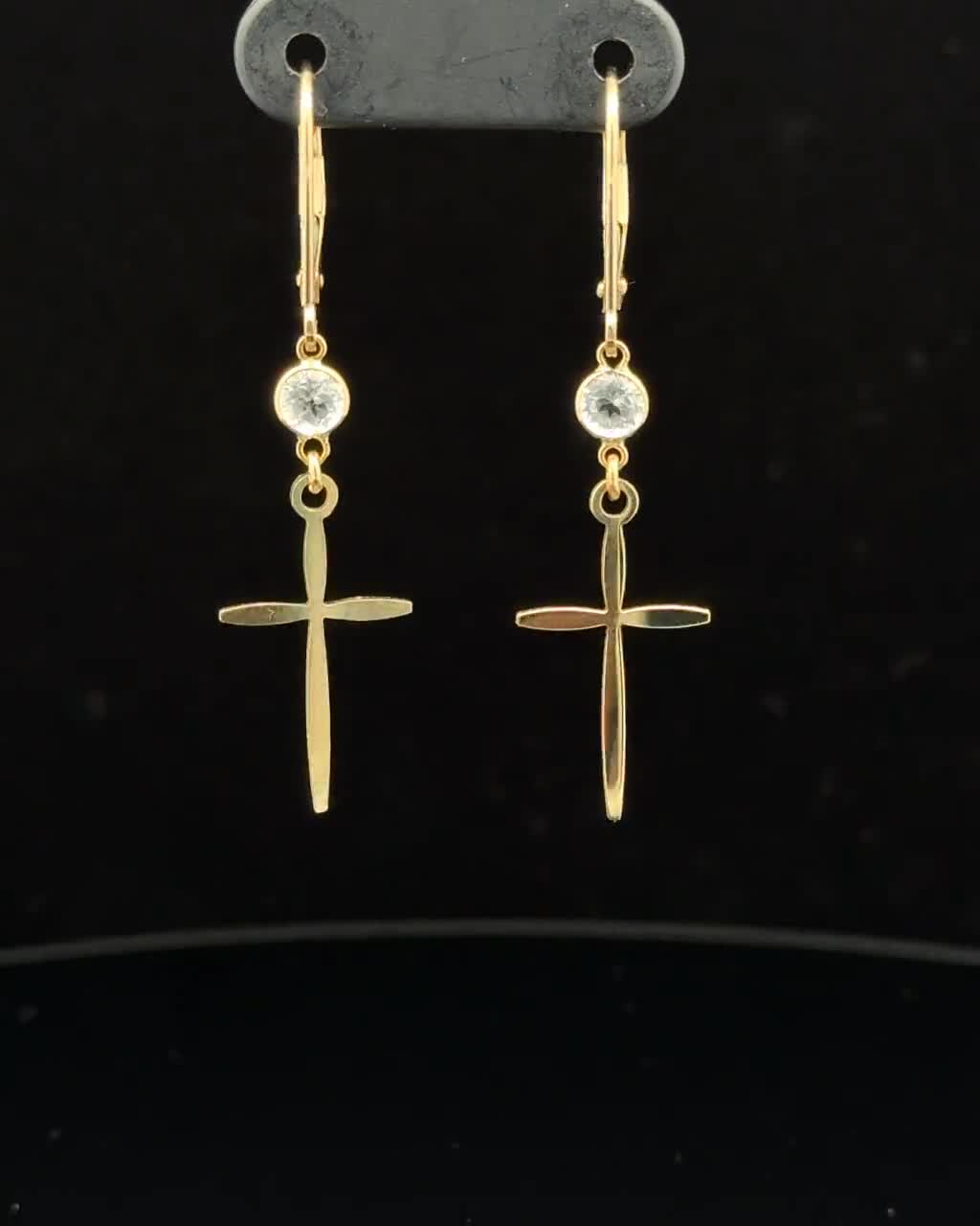 14K Solid Gold Earrings With Dangle Cross and White Topaz