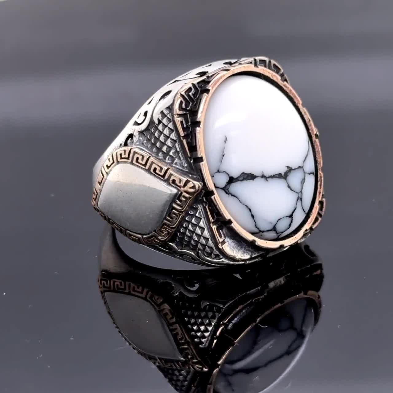 ア*ト様 メノウカメオ リング silverリング12号 Men Silver White Turquoise Ring, Oval White Turquoise Ring