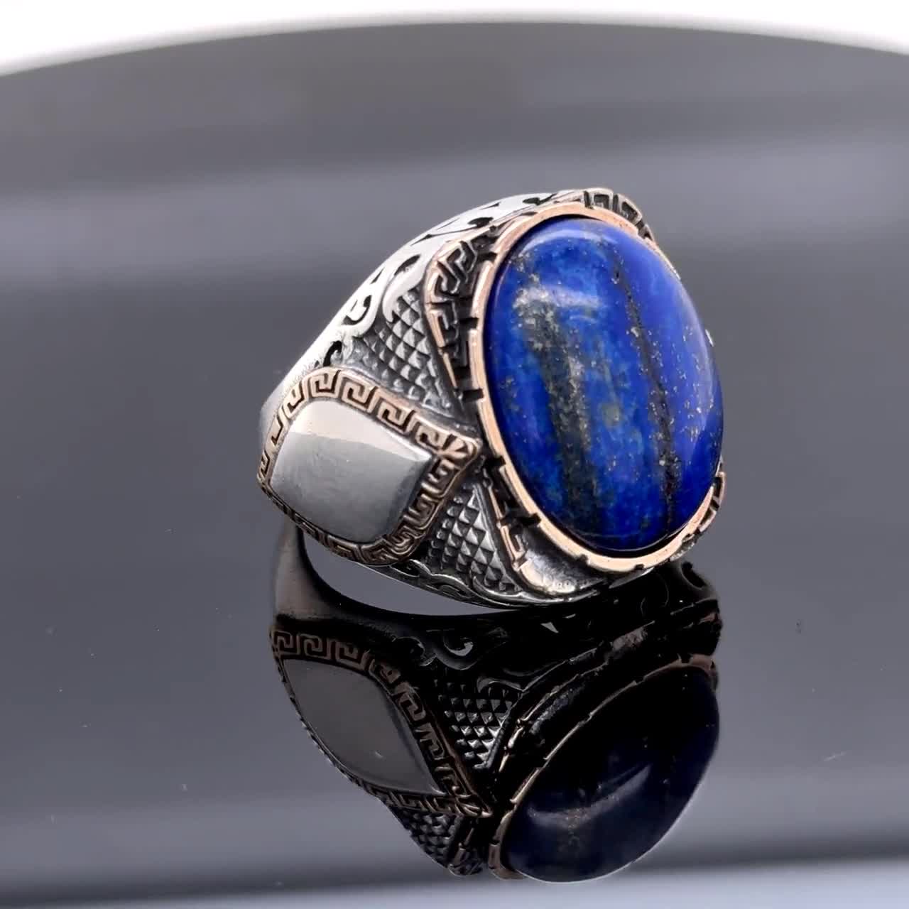 Men Natural Lapis Lazuli Ring, Silver Handmade Lapis Ring , Blue 