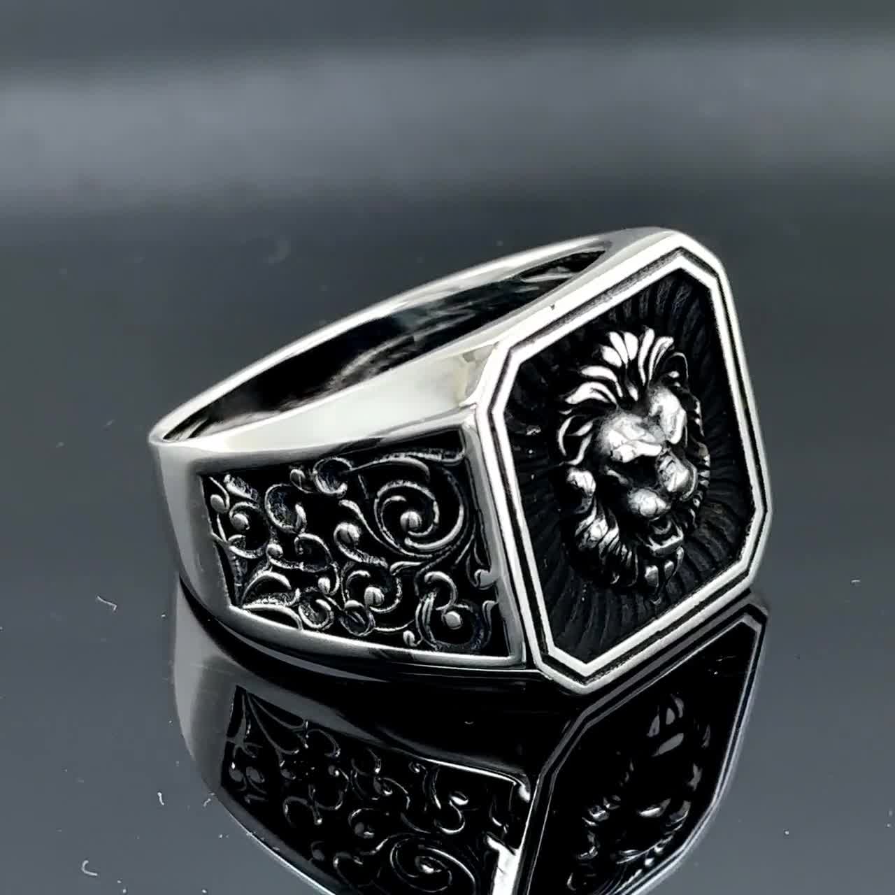 MayiaHey Lion Cross Ring, Cross Sword Lion Ring For Men, Norse Viking Lion Head Ring Roaring Lion Jewelry, Celtic Lion Square Ring Hip Hop Lion Biker Ring Punk Silver Lion Animal Ring