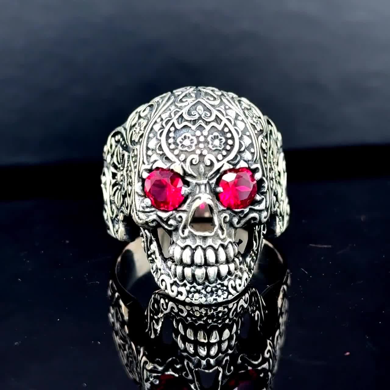 Jude Jewelers Gothic Skull Skeleton Ring - Rhodium Plated Brass, Created Red Turquoise, Cocktail Party Biker Ring - View #5