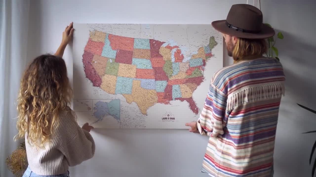 Empuje el mapa mundial de pin para marcar los lugares en los que ha estado,  arte de la pared del lienzo del rastreador de viajes, mapa de viajero  pinnable de los países