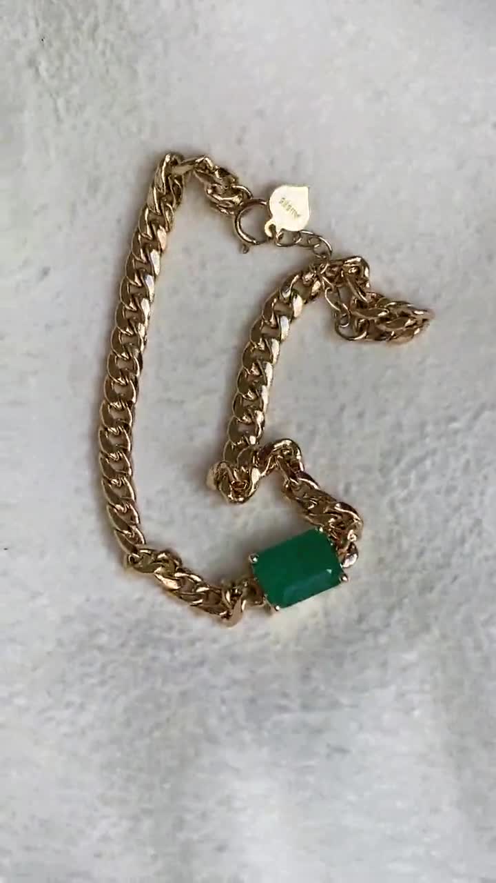 1.7ct Zambian Emerald Bracelet on Miami Cuban Chain 14K Gold R4472