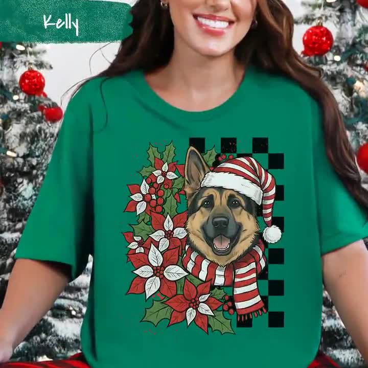 German Shepherd Christmas T-shirt XMAS Holiday GSD Checkerboard