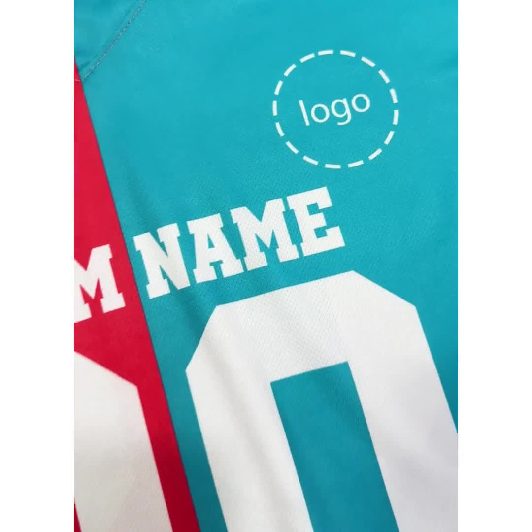 Camisa de futebol personalizada, qualquer time, vermelho e azul-petróleo, uniforme dividido, roupa personalizada para presente, presentes de Natal para ele video poster