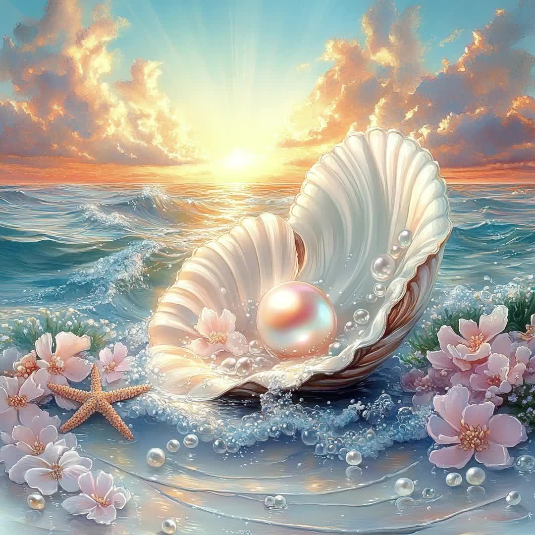 JPEG Phantasy Pearl Kingdom Graphics Summer Castle Summer Shell Ocean Wave  Beach Art Instant Download Paper Crafts Junk Journal Scrapbooking, image size:1080x1080