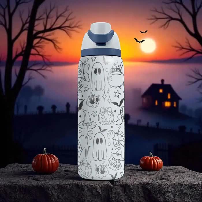WINIWO 24 Oz Halloween Insulated Water Bottle - Stainless Steel, Flip Straw, Leakproof, Fits Cup Holders, Ghost Pumpkin Design - View #4