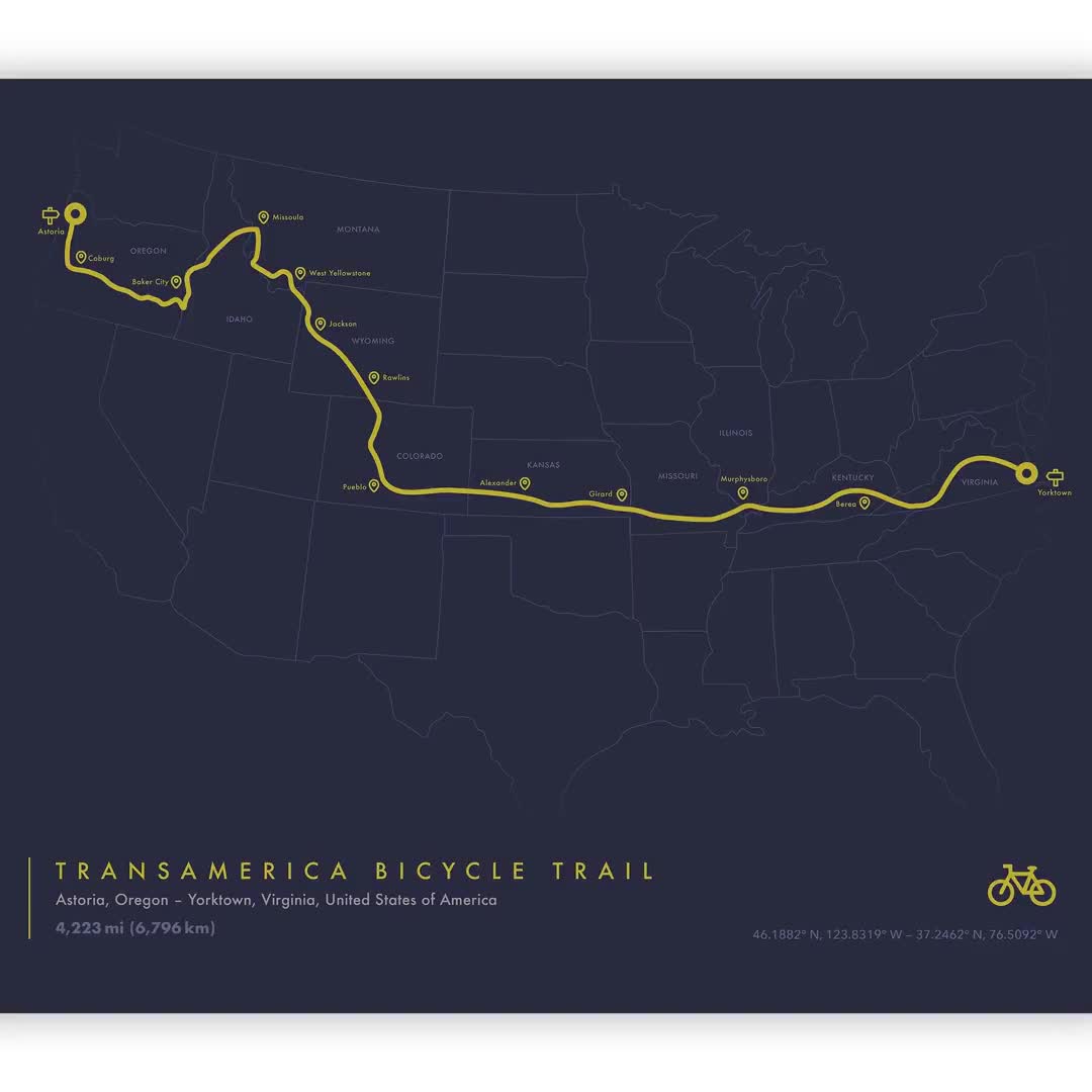Transamerica Bicycle Trail Map Biking Wall Art Poster USA