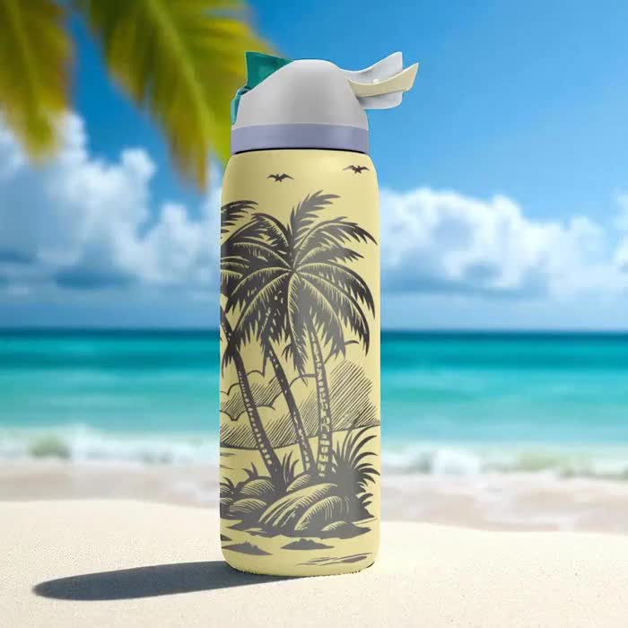 Tropical Island Engraved Owala Tumbler – Palm Trees Sunset Beach Scene – Summer Gift – 40oz 32oz 24oz Bottle video poster