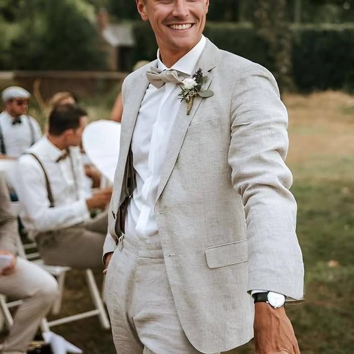 Man beige linen 2 piece suit wedding - België