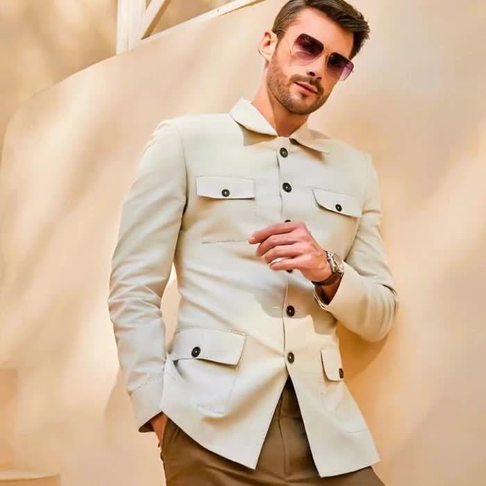 Men's Ivory Safari Suit, Hunting Coat Brown Pants, Formal Wear
