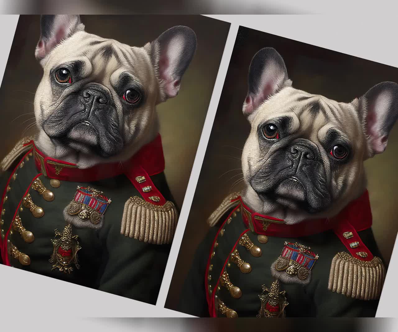 Portrait of a French Bulldog in Military Uniform, Animal Wall Decoration,  Dog Poster, Wall Poster to Frame 