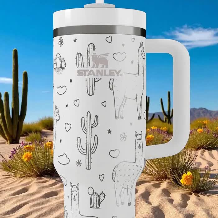 Engraved Llama Tumbler — Stanley Cup 14oz 20oz 30oz 40oz — Cute Cactus and Llama Design, Gift for Animal Lovers and Desert Fans video poster