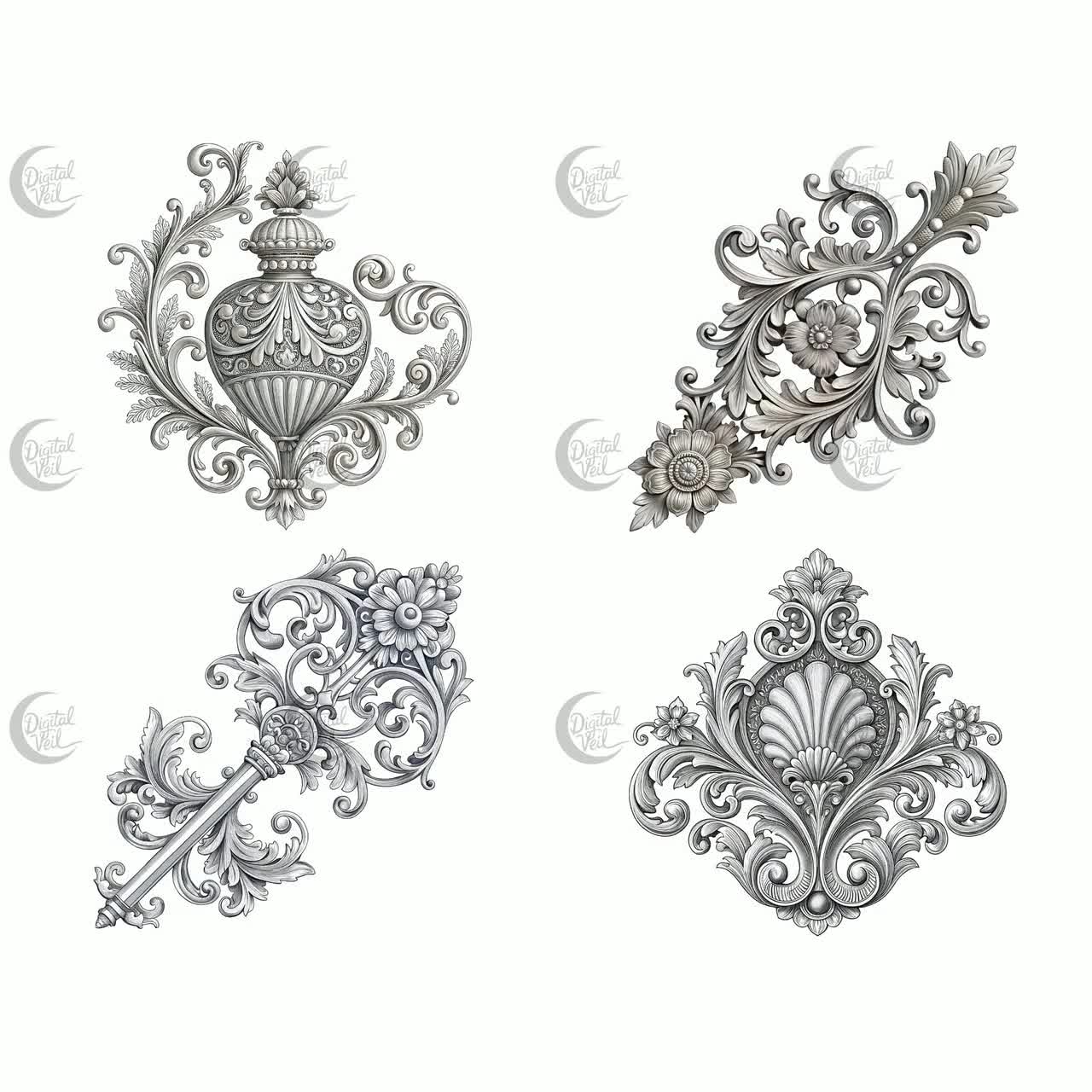 Silver Baroque Ornament Clipart: Rococo Flourishes (PNG Digital Download) -  Etsy, image size:1280x1280
