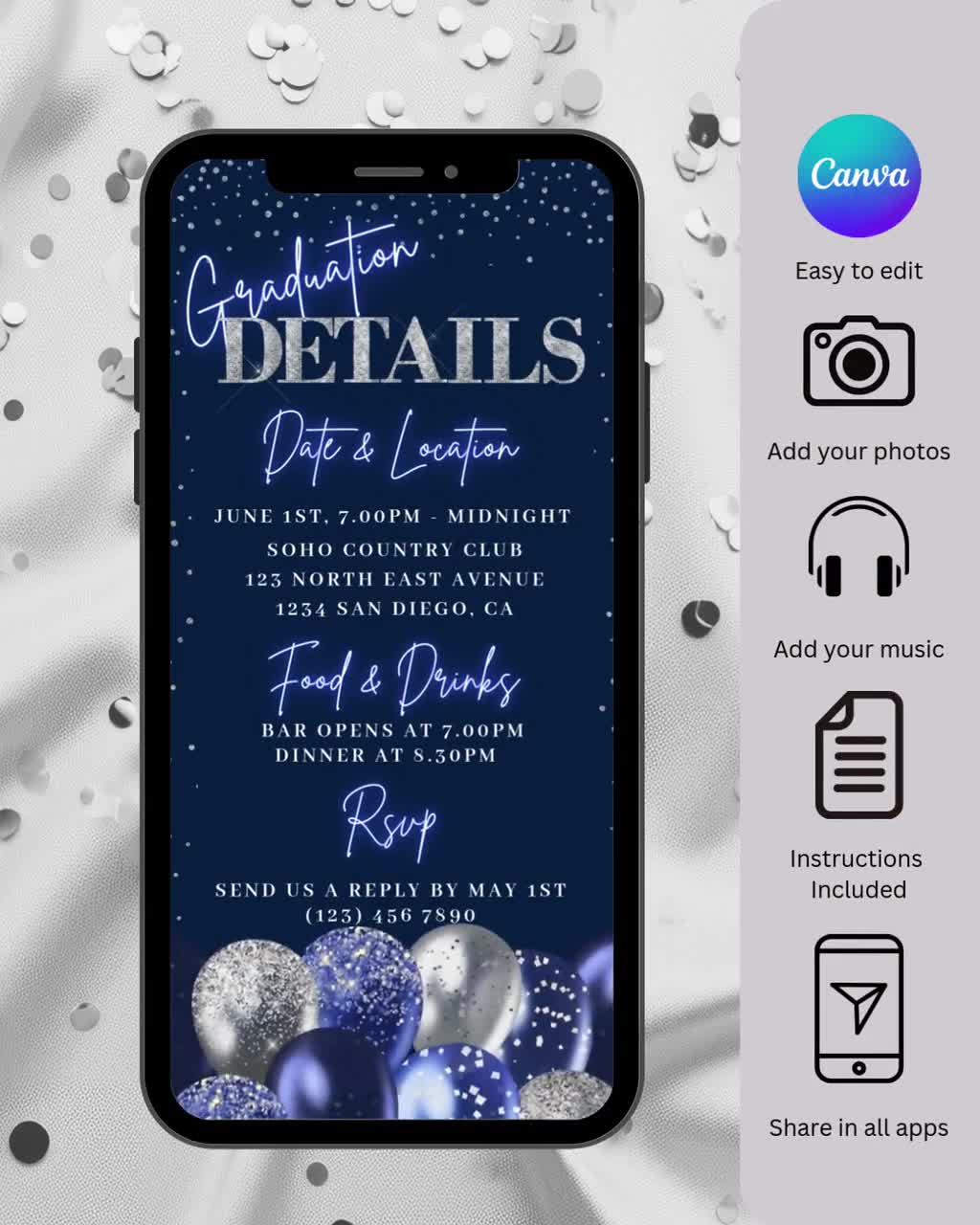 Navy Blue Silver Editable Graduation Invite Template Graduation Party Invitation Dinner Video Class 2026 Grad Announcement Picture + QR Code video poster