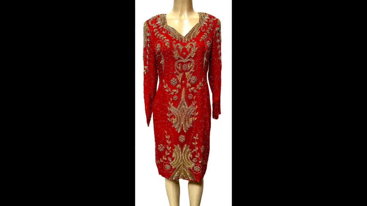gold and red sequin dress Handmade Red Gold Sequin Bodycon Dress, Sleeveless V-neck Party Gown
