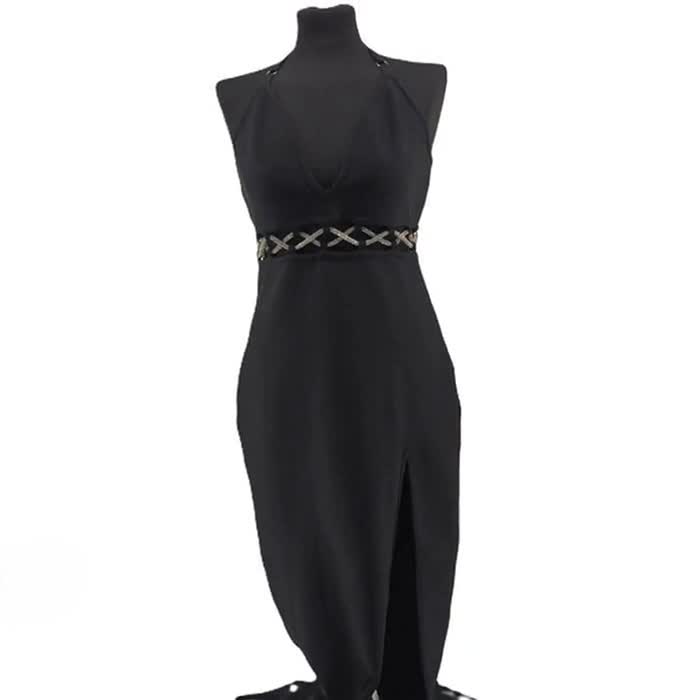 slim fit dress slacks Annita Crepe Halter Midi Dress / Black | Meshki