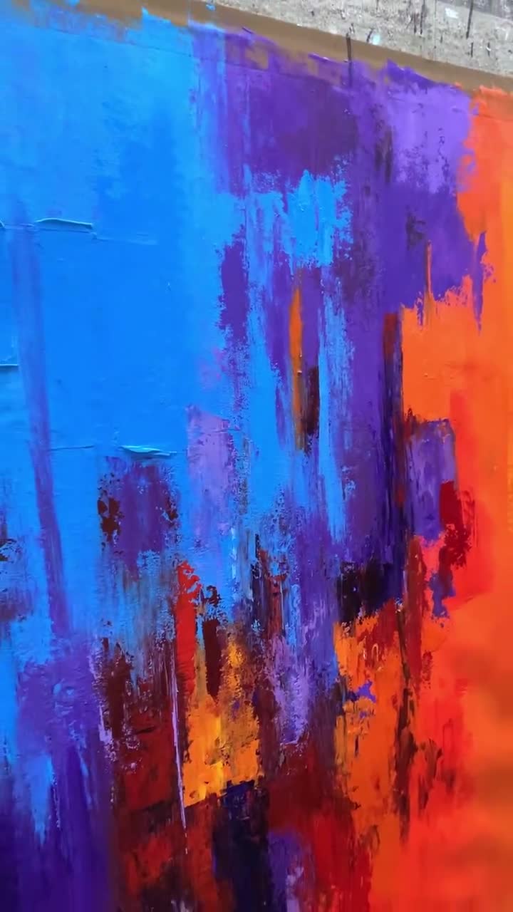 Hand-Painted Orange & Purple Wall Art, Modern Art With Blue Pink, Modern Bold Palette Knife Texture On Canvas, Large Wall Art Decor For Room video poster