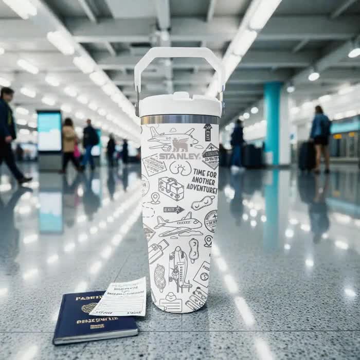 Vaso Stanley con pajita y grabado de viaje, color blanco escarcha, diseño de pasaporte de aventura, de acero inoxidable de 20, 30 y 40 oz. video poster