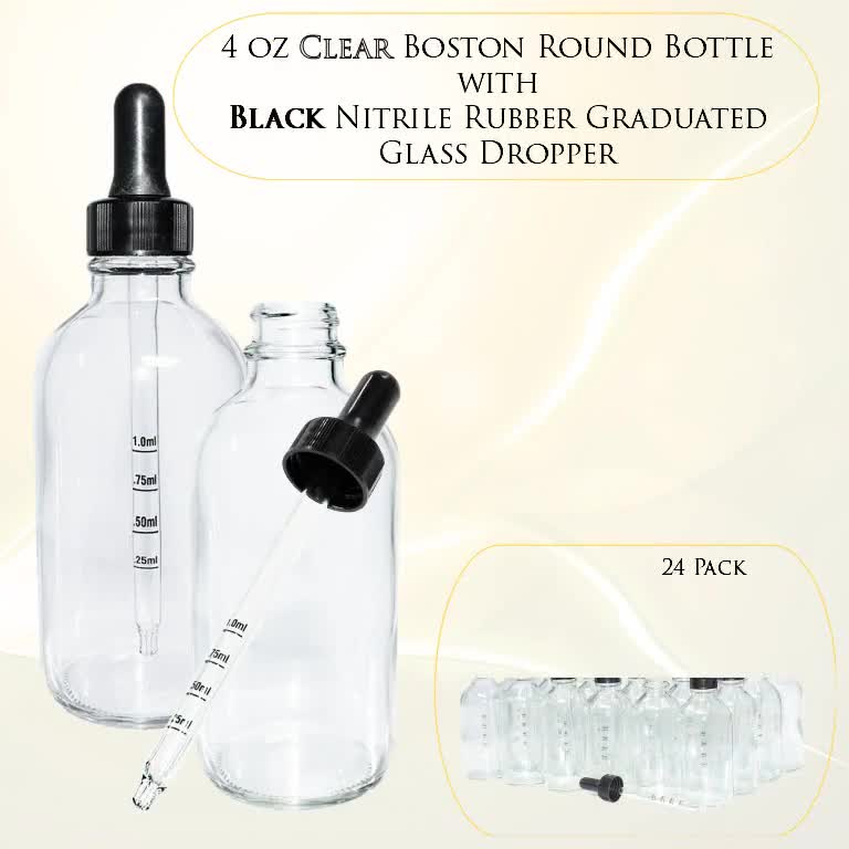 1 oz. Amber Boston Round with Black Nitrile Glass Dropper (20/400) (V23) (V12), 24 Pack